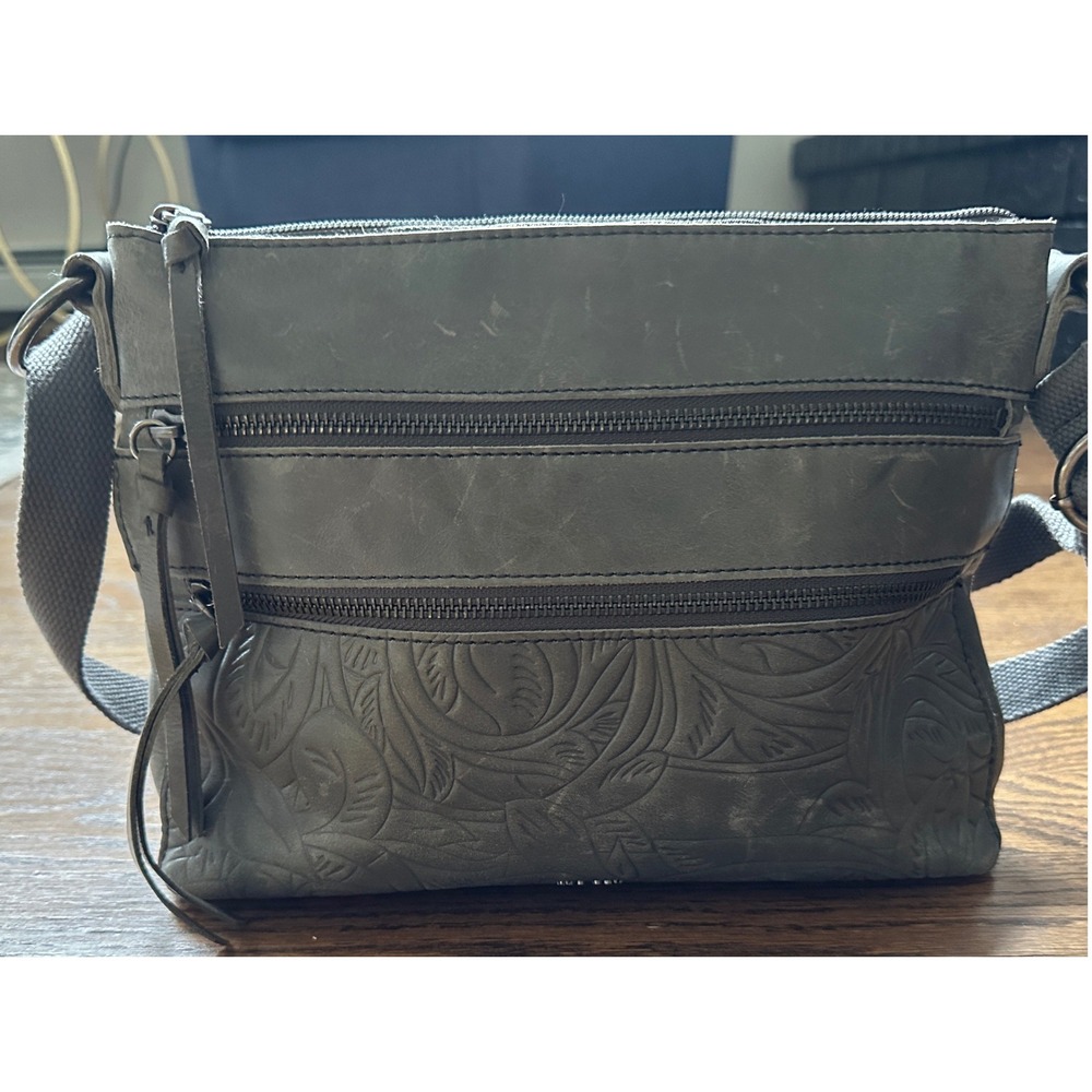 The Sak Reseda Leather Crossbody Women Small Grey Floral Embossed Boho Travel